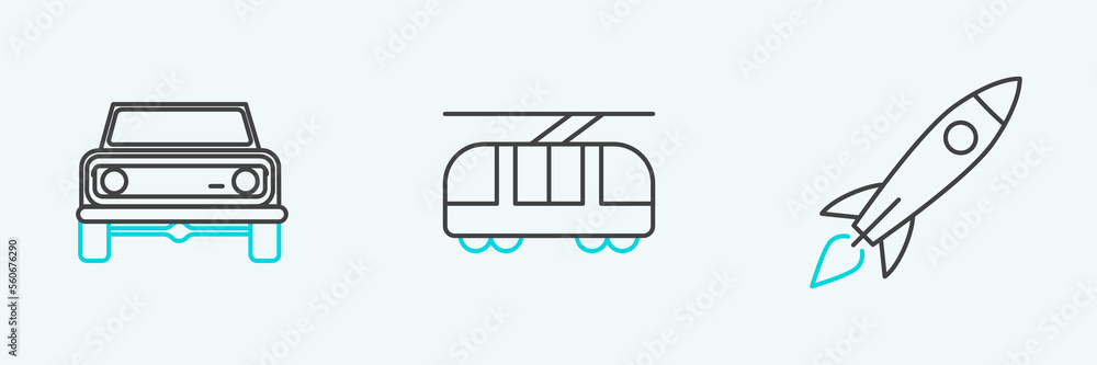 Set line Rocket ship with fire, Off road car and Tram and railway icon. Vector