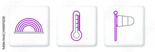 Set line Cone meteorology windsock wind vane, Rainbow with clouds and Thermometer icon. Vector