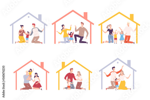 House frames with parents and kids inside set. Happy families at home flat vector illustration