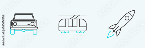 Set line Rocket ship with fire, Off road car and Tram and railway icon. Vector