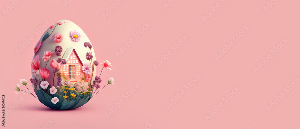 Pink banner with Easter egg, flowers, painted small house and copy space. Easter backdrop. Empty space for text, advertising. Postcard, greeting card design. Pascha, Happy Easter Day. Generative AI.