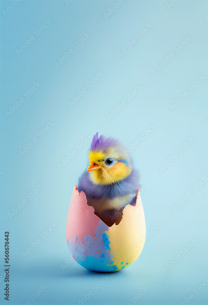 Colorful chicken sitting inside Easter egg, blue background. Vertical Easter backdrop with copy space. Postcard, greeting card design. Pascha, Happy Easter Day. Generative AI.