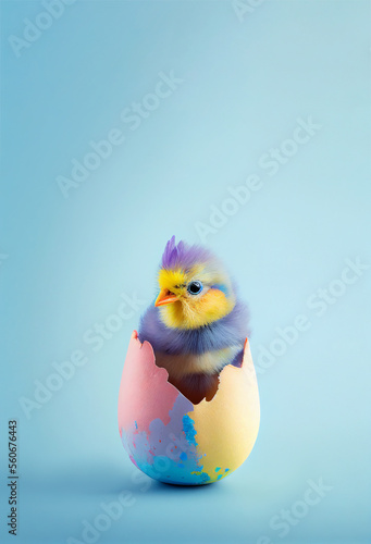 Colorful chicken sitting inside Easter egg, blue background. Vertical Easter backdrop with copy space. Postcard, greeting card design. Pascha, Happy Easter Day. Generative AI.