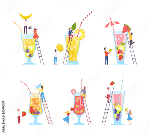 Tiny people making non alcoholic cocktails set. Male and female characters putting fresh fruit and berries to big glass flat vector illustration