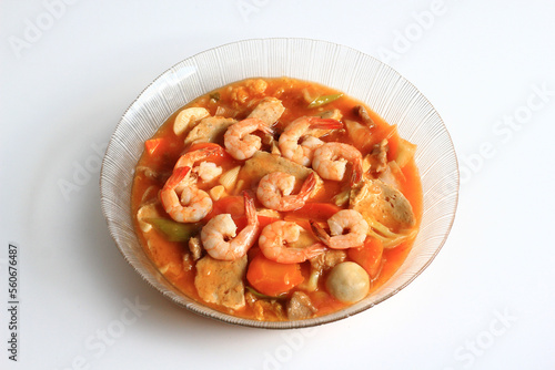 Capcai or CapCay, is popular Chinese Indonesian and Peranakan stir-fried vegetable dish. Various vegetables, meatballs, mushroom, are stir-fried in a wok with small amount of cooking oil and water.