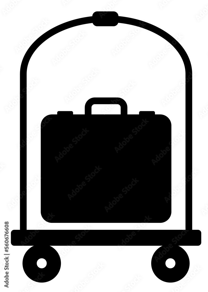 Logo luggage cart. Icono aislado con silueta de maleta en carrito para equipaje en hotel Logo luggage cart. Icono aislado con silueta de maleta en carrito para equipaje en hotel