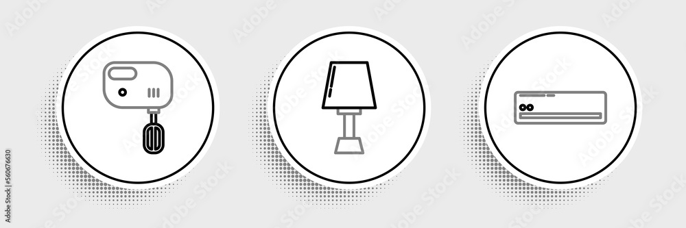 Set line Air conditioner, Electric mixer and Table lamp icon. Vector Set line Air conditioner, Electric mixer and Table lamp icon. Vector