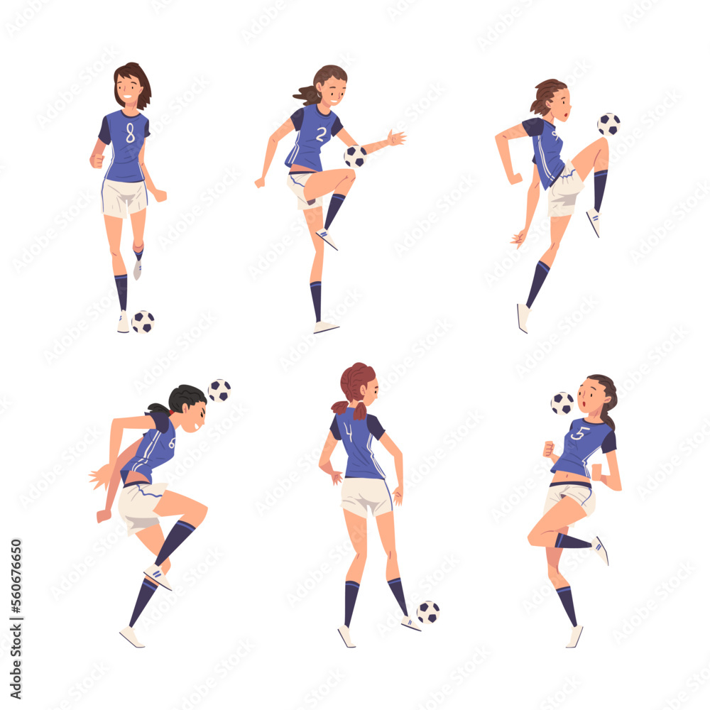 Set of girls in uniform playing soccer. Teenage soccer players running and kicking ball cartoon vector illustration