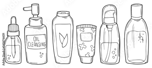 vector illustration of hand drawn bottles for cosmetics. Doodle style