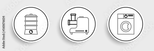 Set line Washer, Double boiler and Kitchen meat grinder icon. Vector