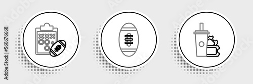 Set line American Football ticket and paper glass soda with drinking straw, Planning strategy concept and icon. Vector