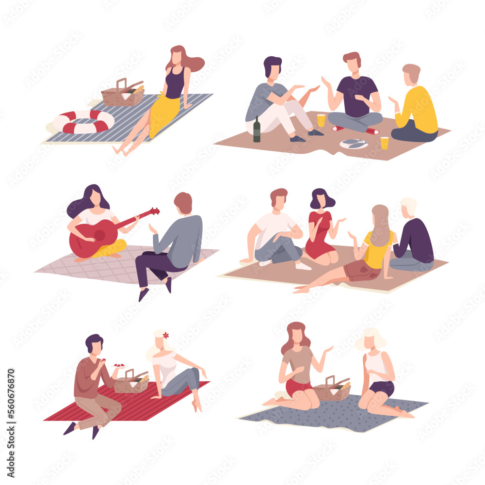 Fototapeta premium People having picnic on nature set. Friends spending time together and relaxing outdoors flat vector illustration