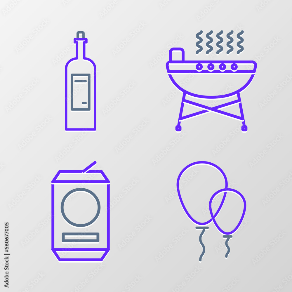 Set line Balloons with ribbon, Beer can, Barbecue grill and Bottle of wine icon. Vector Set line Balloons with ribbon, Beer can, Barbecue grill and Bottle of wine icon. Vector