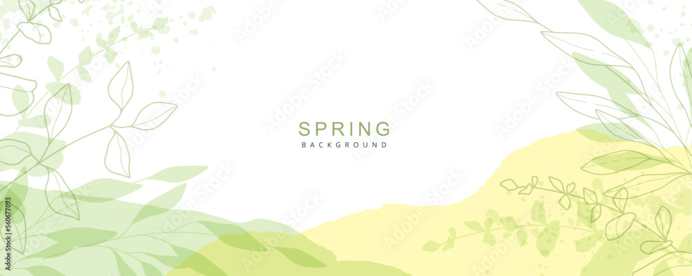 Spring green background. Minimalistic style with floral elements and texture. Editable vector template for card, banner, invitation, social media post, poster, mobile apps, web advertising