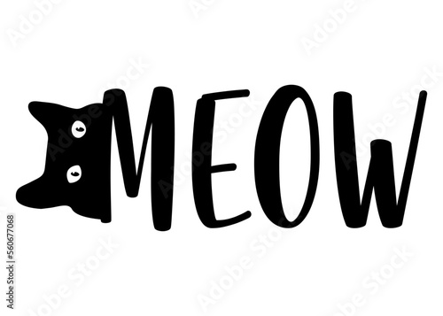 Logo pet friendly. Letras de la palabra meow con silueta de cabeza de gato mirando. Texto manuscrito meow photo