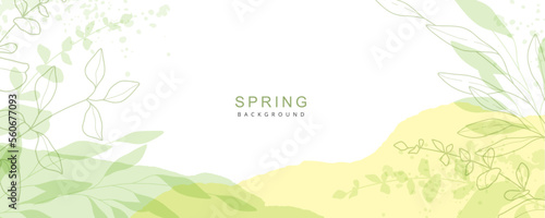 Spring green background. Minimalistic style with floral elements and texture. Editable vector template for card, banner, invitation, social media post, poster, mobile apps, web advertising