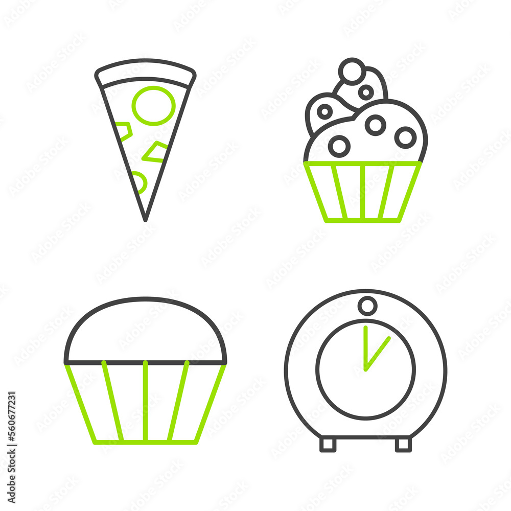 Set line Kitchen timer, Muffin, Cupcake and Slice of pizza icon. Vector