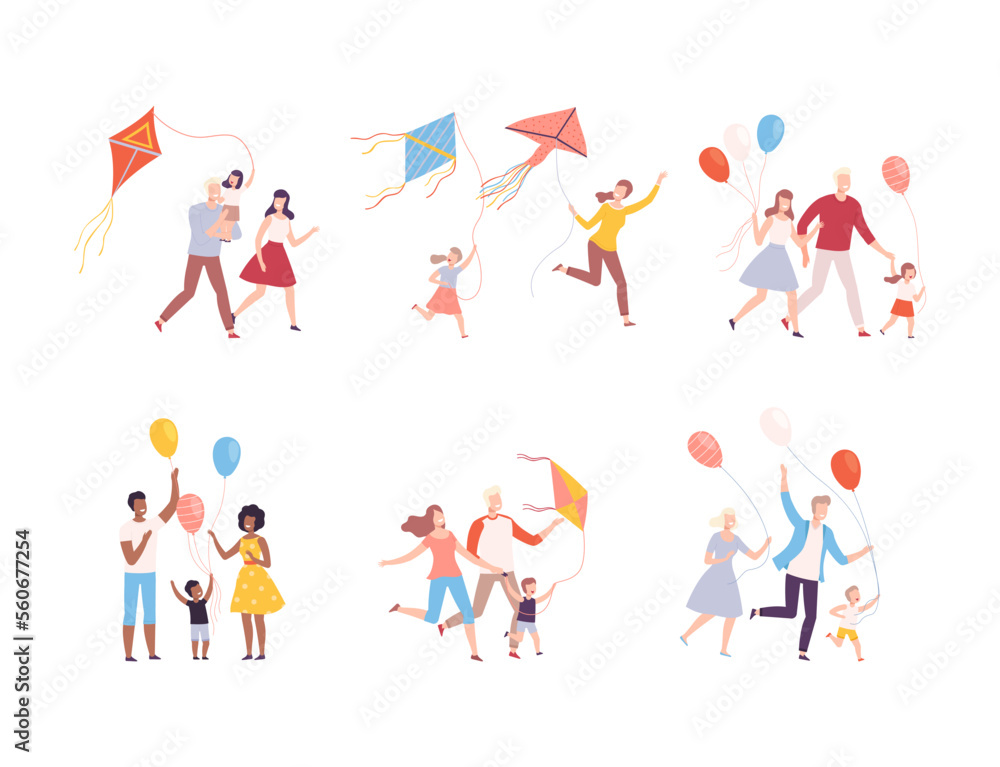 Happy families playing kites outdoors set. Joyful parents and kids having good time together flat vector illustration