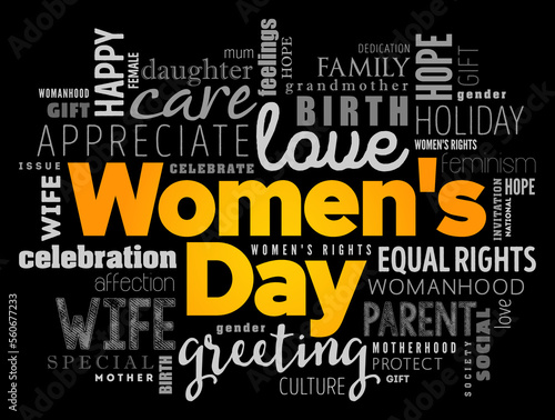 Women's Day is a global day celebrating the social, economic, cultural, and political achievements of women, word cloud concept background