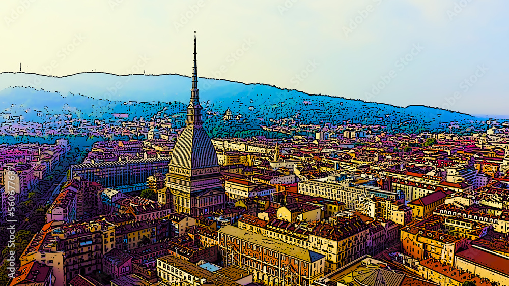 Turin, Italy. Flight over the city. Mole Antonelliana - a 19th-century building with a 121 m high dome and a spire. Bright cartoon style illustration. Aerial view
