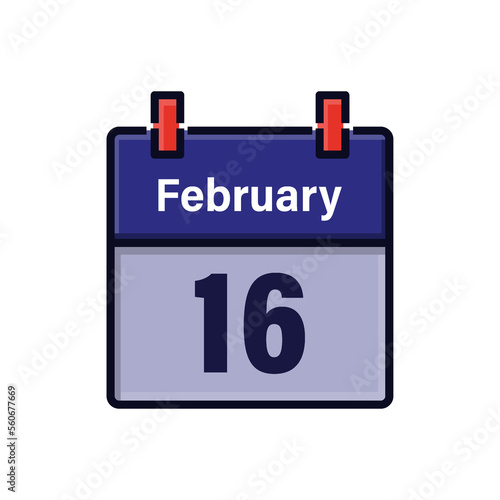 February 16, Calendar icon. Day, month. Meeting appointment time. Event schedule date. Flat vector illustration.