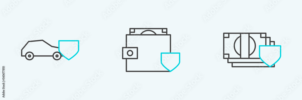 Set line Money with shield, Car and Wallet and money icon. Vector Set line Money with shield, Car and Wallet and money icon. Vector