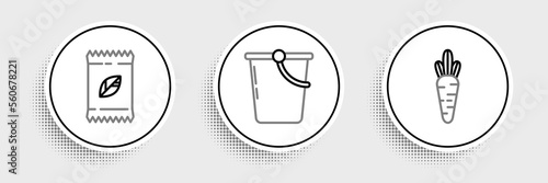 Set line Carrot, A pack full of seeds of specific plant and Bucket icon. Vector