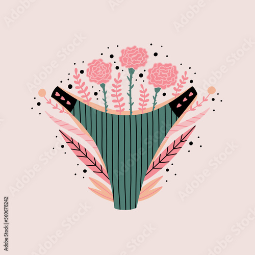 Female green panties stylized with flowers, plants. Women menstrual period. Intimate hygiene health. Hand Drawn vector illustration
