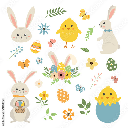 Cartoon Easter bunnies, chickens, and flowers set. Cute spring Easter bunny decoration clipart set. Flat vector cartoon design. Isolated on white background.