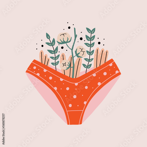 Female red panties stylized with flowers, plants. Women menstrual period. Intimate hygiene health. Hand Drawn vector illustration