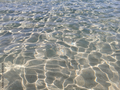 Crystal clear blue water of the Mediterranean Sea on the beach of Fig Tree Bay, white sand is visible at the bottom. Water background.
