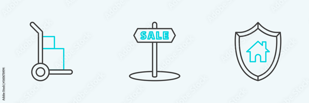 Set line House with shield, Hand truck and boxes and Hanging sign text Sale icon. Vector Set line House with shield, Hand truck and boxes and Hanging sign text Sale icon. Vector