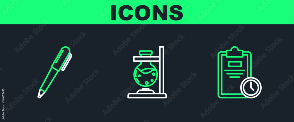 Set line Exam sheet with clock, Pen and Glass test tube flask on fire icon. Vector Set line Exam sheet with clock, Pen and Glass test tube flask on fire icon. Vector