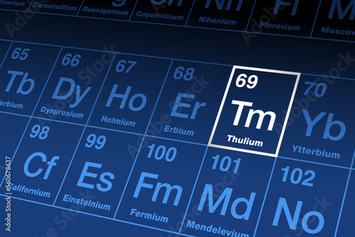 Thulium on periodic table. Rare earth metal in the lanthanide series with atomic number 69 and element symbol Tm, named after Thule, an Ancient Greek place. Radiation source in portable X-ray devices.