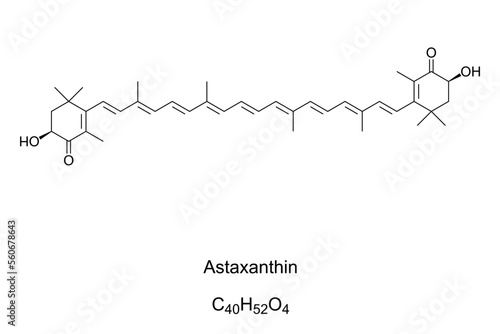 Astaxanthin, red coloring pigment, chemical formula. Animals who feed on the astaxanthin producing algae, salmon, flamingos and crustaceans, reflect the red-orange pigmentation. A dietary supplement.