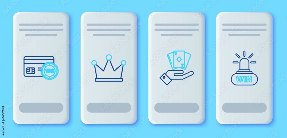 Set line Crown, Hand holding deck of playing cards, Credit and Casino win icon. Vector