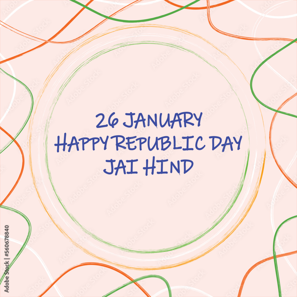Vector illustration of Republic day card, ornage peel, green RYB, white color Wave lines and textured circle shape decorated on misty rose background. happy republic day text written in the middle .