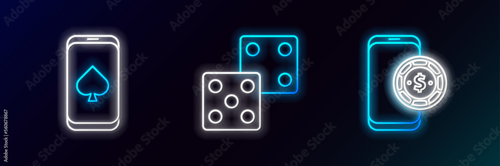 Set line Online poker table game, and Game dice icon. Glowing neon. Vector Set line Online poker table game, and Game dice icon. Glowing neon. Vector