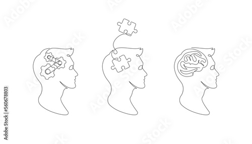 Mental health problem, psychology and business education concept. Vector one line art illustration. Human head profile with jigsaw puzzle, cog and brain by continous line isolated on white background.