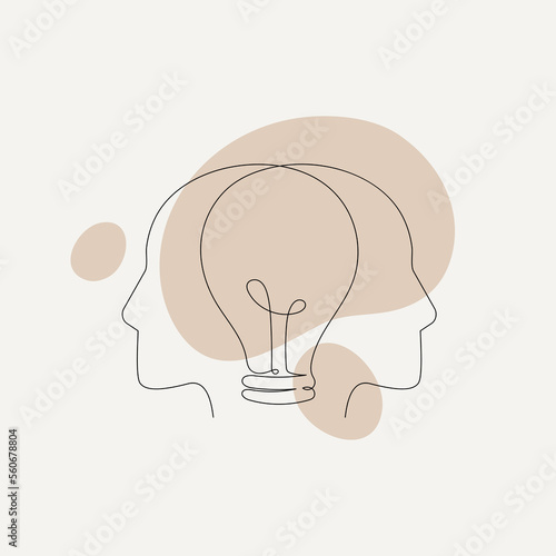 Mental health problem, psychology and business education concept. Vector one line art illustration. Couple of connected human head profile with light bulb by continous line on color splash background.