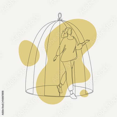 Emotional problem, psychology and abuse treatment concept. Vector one line art illustration. Woman get out from cage by continous line on color splash background.