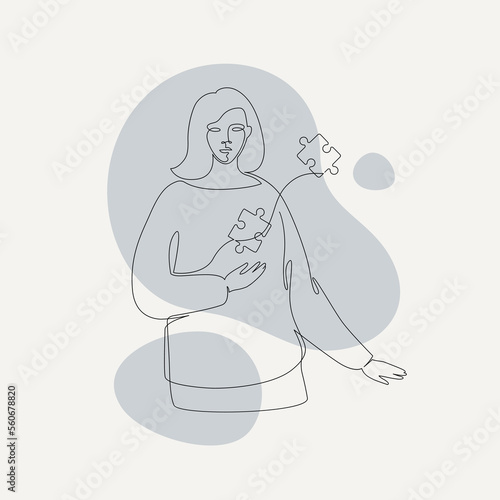 Emotional problem, psychology and business education concept. Vector one line art illustration. Woman with jigsaw puzzle in heart by continous line on color splash background.