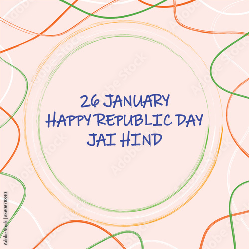 Vector illustration of Republic day card, ornage peel, green RYB, white color Wave lines and textured circle shape decorated on misty rose background. happy republic day text written in the middle .