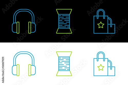 Set line Paper shopping bag, Headphones and Sewing thread spool icon. Vector