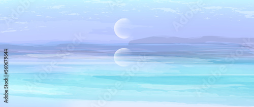 Ocean moonscape abstract banner. Minimal vector background in calm blue and lilac colors. Light pastel landscape with watercolor elements. 
