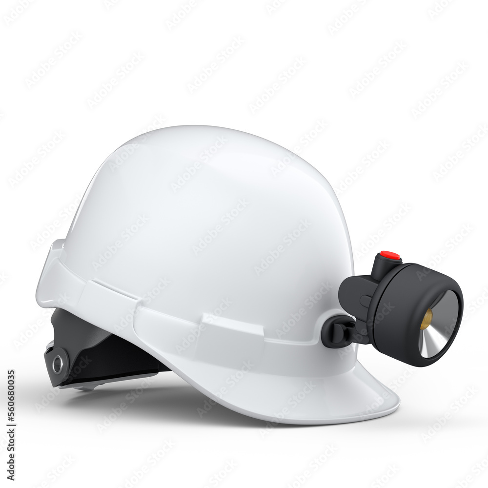 White safety helmet or hard cap with flashlight isolated on wihte background White safety helmet or hard cap with flashlight isolated on wihte background