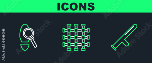 Set line Police rubber baton, Magnifying glass with footsteps and Prison window icon. Vector