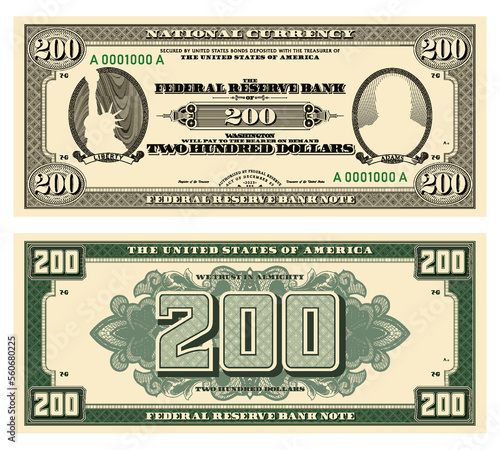 Vector new 200 dollars banknote. Obverse and reverse of US paper money in retro style with ovals. Ribbons with inscriptions, Liberty and Adams.