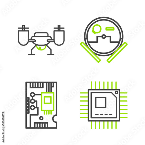 Set line Processor with microcircuits CPU, Electronic computer components motherboard digital chip, Robot vacuum cleaner and Drone flying action camera icon. Vector