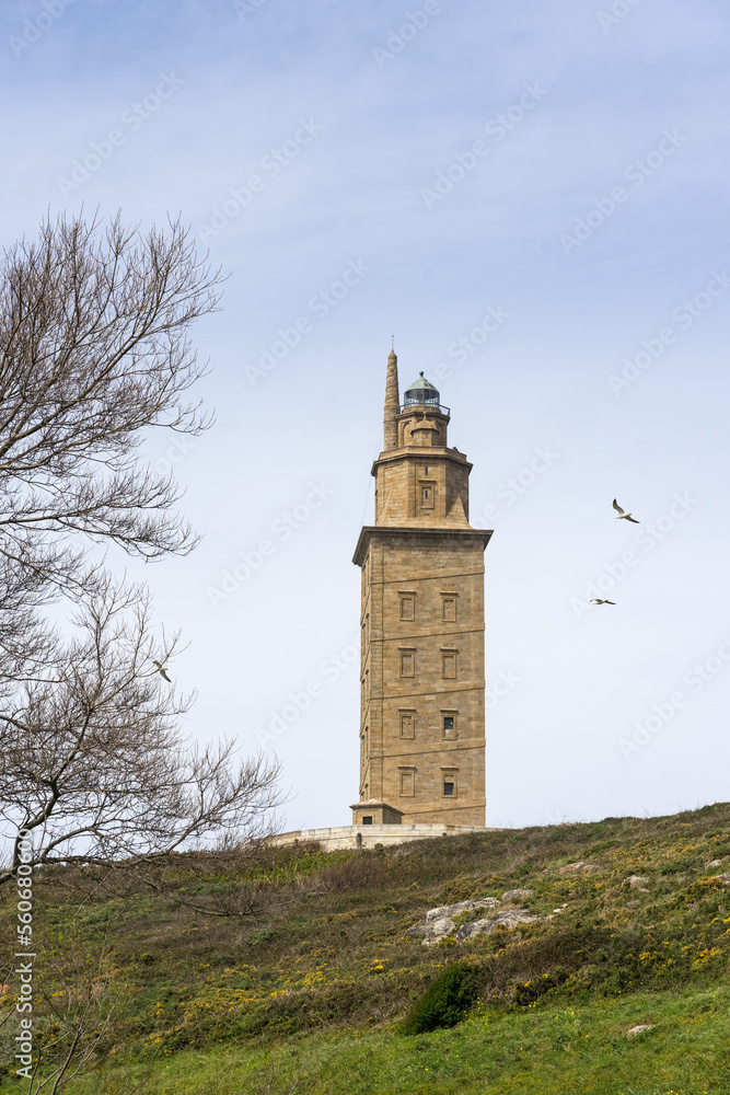 Hercules tower roman lighthouse in the city of A Coruña in a sunny day, Galicia, Spain.